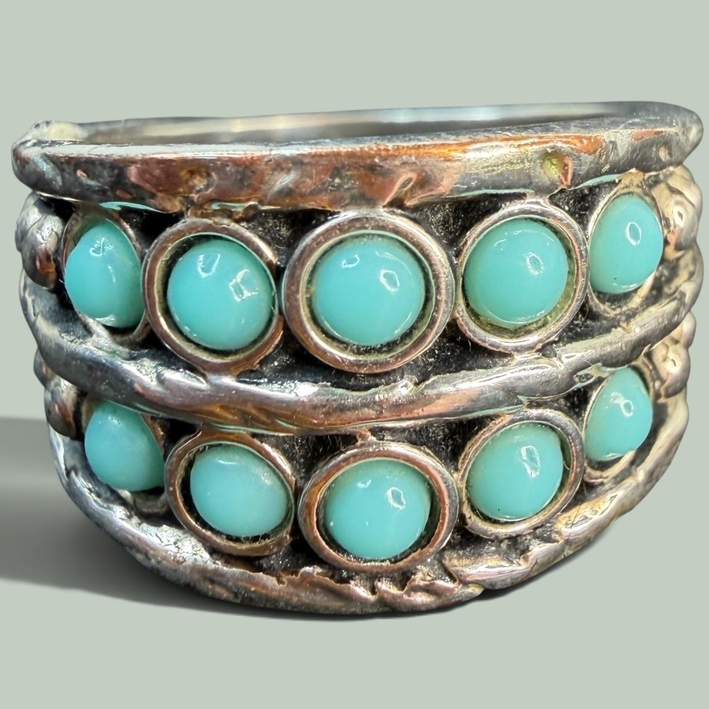 Premier Designs Mixed Metal Faux Turquoise Cabochon Bead Wide Band Ring Size 10